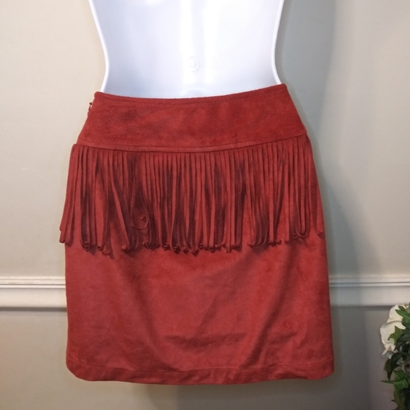 Express Rust Microsuede Boho, Western Fringed Side Zip Mini Skirt - Picture 3 of 8